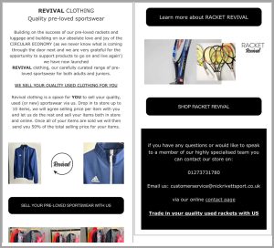 Nick Rivett pre-used tennis goods.